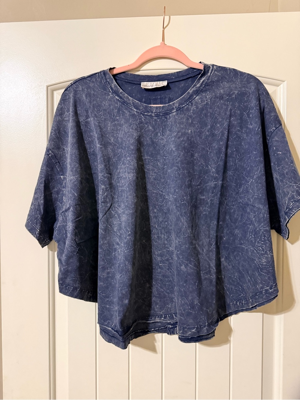 Zenana Acid Wash Flowy Crop Top. Navy Blue Boxy Silhouette Distressed. NWOT